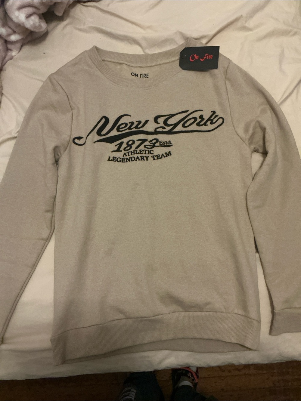 On Fire Cream New York Script Crewneck
